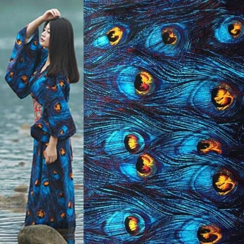 140cm Width Fashion Peacock Feather Printed Cotton Fabric For Woman Summer Dress Blouse DIY Cloth Sewing