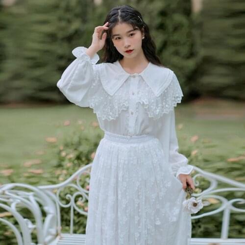 Cottage Style Mori Girl Fairy 2pcs Outfits Lace Stitching Doll Collar Princess Tops Shirt & Elastic Waist Long Skirt Women Sets