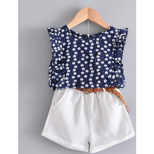 2021 New Summer Casual Children Sets Flowers Blue T-shirt+ Pants Girls Clothing Sets Kids Summer Suit For 3-7 Years