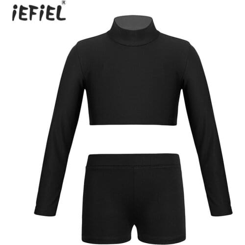 Black Kids Girls Outfits Long Sleeves Crop Top Shorts Bottoms Set for Dancing Stage Performance Workout Slim Fit Fitness Suits