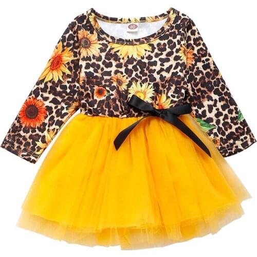 Baby Girls Sunflower Dress Long Sleeve Yellow Floral Leopard Puffy Princess Birthday VestidoChildren Girls Casual Dresses 6M-4Y