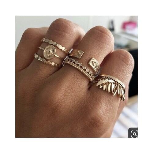 Docona 6pcs Boho Tree Leaf Opening Finger Rings for Women Gold Color Geometric Metal Knuckle Ring Set Party Jewelry Anillos 9484