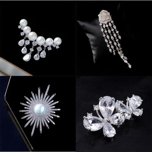 Elegant Brooches for Women Pave Luxury Shiny Zircon Crystal Pearl Drop Tassel Brooch Pin Butterfly Bee Leaf Broches Pins Gifts