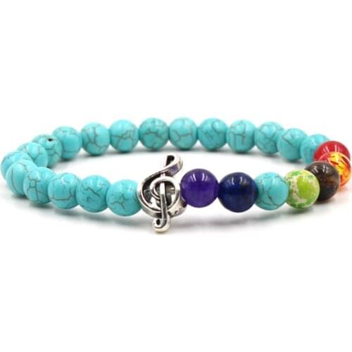 FYJS Unique Silver Plated Musical Note Connect 8 mm Round Beads Colorful Stone Elastic Bracelet Healing Chakra Jewelry