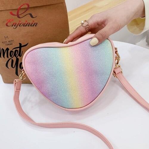 Rainbow Gradient Color Heart Shaped Shoulder Bag for Women Cute Purses and Handbags Casual Sequined Young Girl Clutch Pu Leather