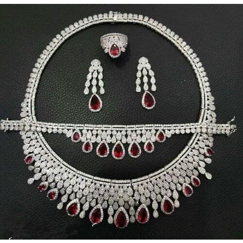 Janekelly Luxury cubic zirconia necklace bracelet earrings and ring 4pcs dubai full jewelry set for women,bridal dress dinner