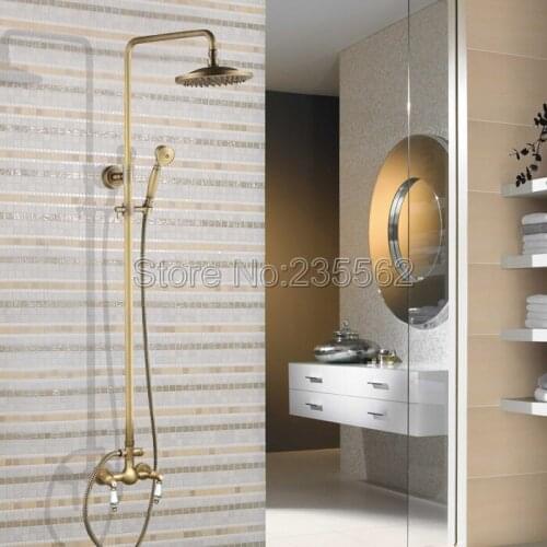 Classic Antique Brass Bathroom Dual Handle Rain Shower Faucet Set with Handheld Shower Mixer Taps lan103