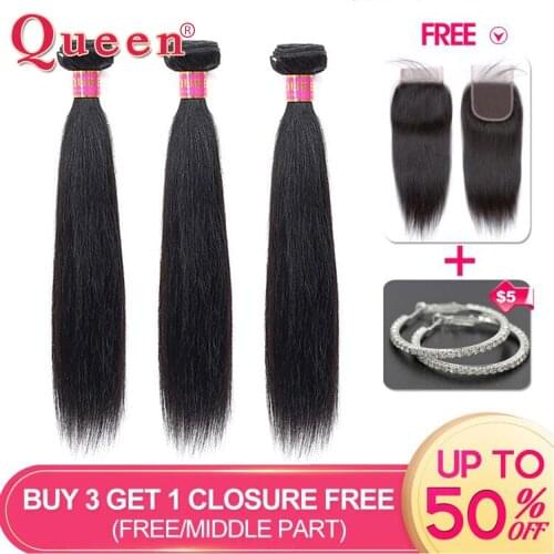 Queen Hair Products Brazilian Straight Hair 3 Bundles Remy Human Hair Extensions Buy 3 Get 1 Free Closure Free/Middle/Three Part