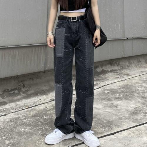 Summer Korean Womens Jeans Open-Stitch Patch Pants Distressed Hip Pop Trend Couples Commuting Wide-Leg Loose Straight-Leg Pants