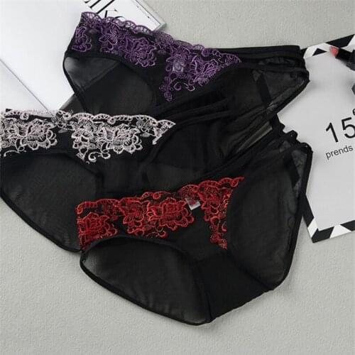 Hot Women Embroidery Underwear briefs panties Thong Sexy Lace Mesh Seamless Traceless Transparent Black Womens Panties N111