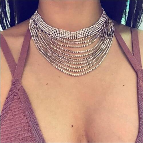 Multi-layers Tassel Rhinestone Choker Statement Necklaces For Women Fashion Chokers Female Collar Jewelry Party Wedding Necklace