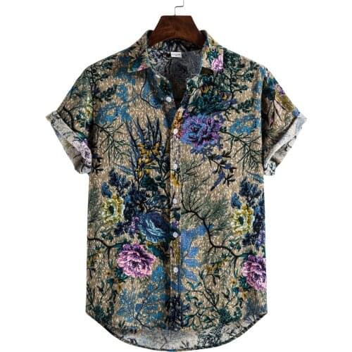 Mens Linen Ethnic Hawaiian Beach Shirt Floral Print Shirts Tops Casual Short Sleeve Summer Holiday Vacation Fashion Plus size