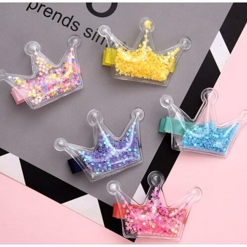 New Transparent PU Hair Clips with Colorful Pentagram Sequin Kids Crown Lovely Crown Hairpin Girls Barrettes Hair Accessories