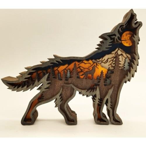 New Wooden Ornaments Creative Wolf Totem Wood Decoration Christmas Ornaments Carved Wolf Art Supplies Farmhouse Decor 16x14cm
