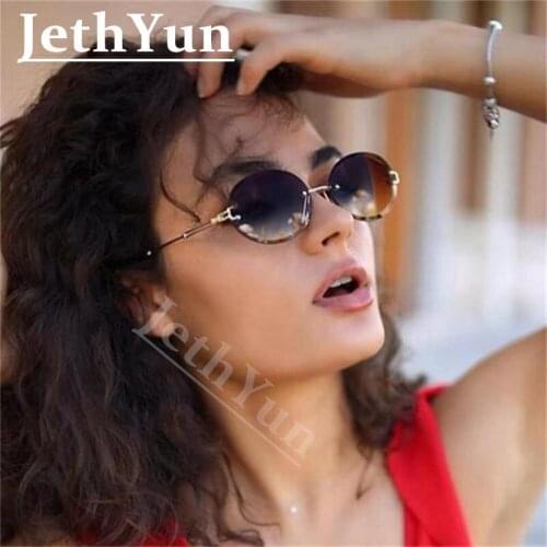 90s Cute Rimless Oval Sunglasses Lady Retro Vintage Designer Glasses Women Shades Small Yellow Sunglasses Gafas