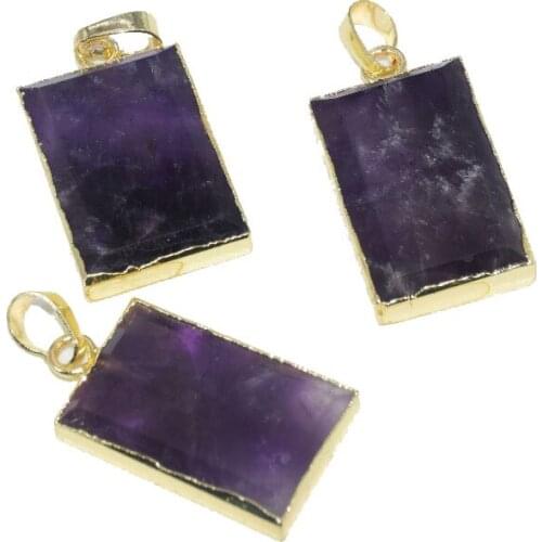Gold Bezel Purple Crystal pendant charms femme 2020 natural stone quartz amethysts rectangle pendulum jewel energy gift brand