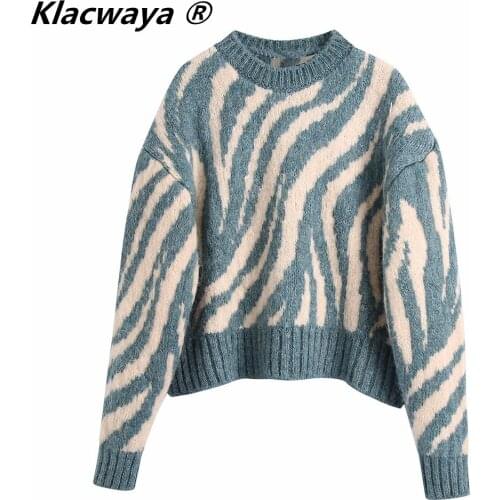 Klacwaya 2021 Women Animal Pattern Jacquard Knitted Sweater Vintage O Neck Long Sleeve Female Streetwear Loose Pullover Top