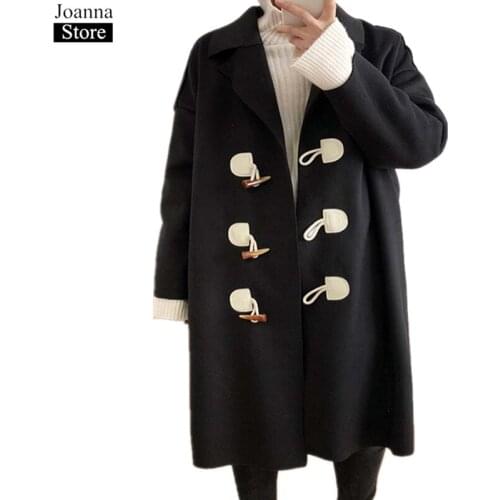 Spring Horn Buckle Tweed Long Coats Women Long Sleeve Lapel Pockets Vintage Jackets Autumn Black Casual Plus Size Clothes Female