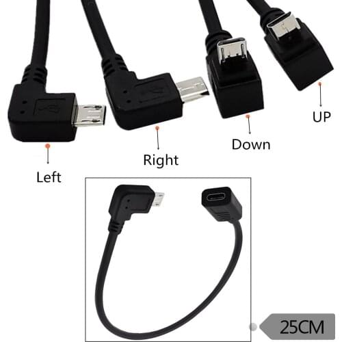 Up & Down & Left & Right angle Micro USB Male to USB-C Female Cable 90 degree Cord Sync Data Charge Cable 25cm/0.25m