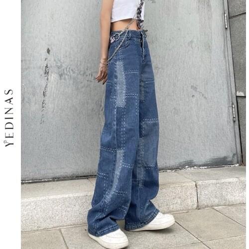 Yedinas Vintage Color Patchwork Mom Jeans High Waisted Boyfriend Jeans For Women Black Loose Jeans Trousers Wide Leg Pants 2021