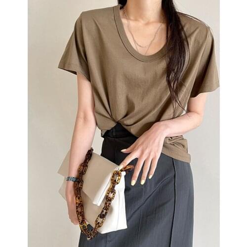 2021 Women Summer Casual U Neck Cotton T-shirt Short Sleeve Tshirt Shoulder Pads Tees Pullover Tops