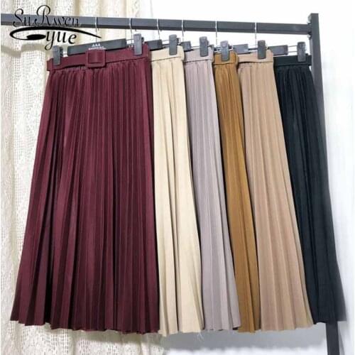 9 Colors Solid Belted Pleated High Waist Casual Vintage Women Fashion Skirt Lady Fashion Simple Midi Skirts Mujer Faldas 12170