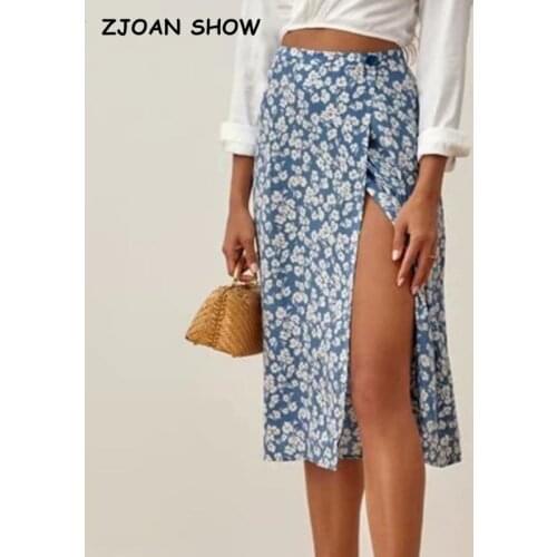 2021 Retro France Style Hem Split Women Wrap Midi Skirt CHIC High Waist Floral Print One-piece Skirts