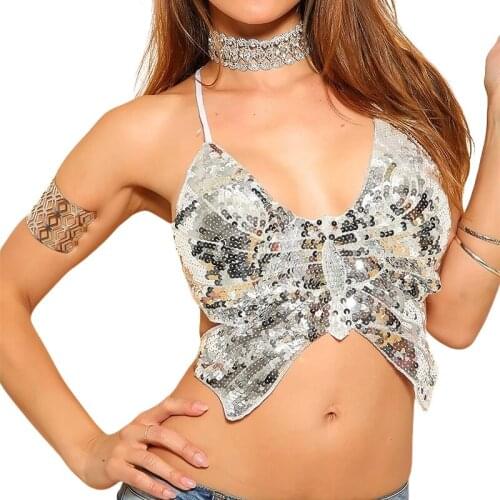 Shiny Sexy Women Halter Back Lace-up Festival Raves Crop Top Tribal Belly Dance Sequin Bra Padded Bandage Beaded Butterfly Bra