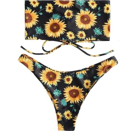 Women Sexy 2pcs Print Bikini Set Strapless Back Lace-Up Bandeau Thong Swimsuit X7XE