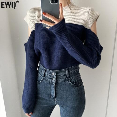 [EWQ] Korea Chic Casual Trend Women O Neck Contrast Stitching Fashion Off-shoulder Long-sleeved Sweater Top Autumn 2021 16E2471
