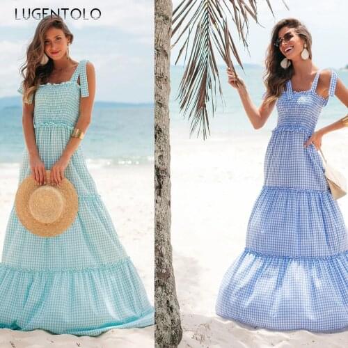 Strapless Dress Women Casual Fashion Plaid Print Loose Dresses Female Empire Sleeveless Big Swing Long Dress Lugentolo