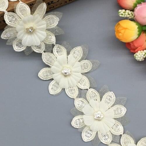 1 yd Apricot 3D Flower Diamond Embroidered Fabric Lace Trim Ribbon Handmade DIY Wedding Dress Sewing Craft For Costume Hat Decor