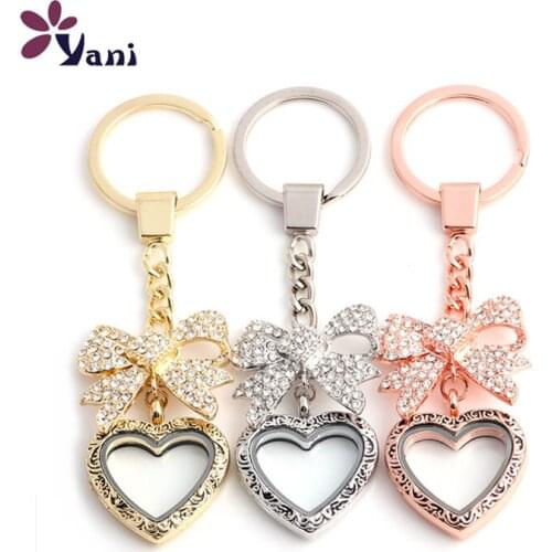10pcs/lot Free shipping Vintage Heart Glass Floating Locket Keychains Locket With Beautiful Rhinestone Brooch Locket