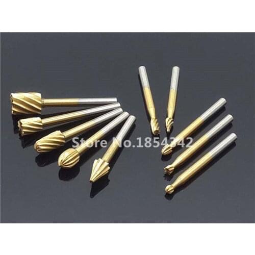 10pcs Set HSS Titanium Dremel Routing Rotary Milling Rotary File Cutter Wood Carving Carved Knife Cutter Tools Accessories