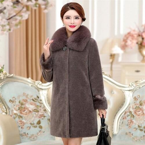 2019 Winter Sheep Shearing Coat Female Long Section Fox Fur Collar Coat Big Size Fashion High Quality Womens Warm Fur Coat 875