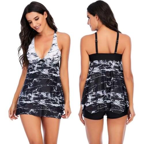 2021 Two Piece Swimwear Women Plus Size Tankini Swimsuits with Shorts V neck Tankinis Set Swim Wear Black Print Bathing Suit