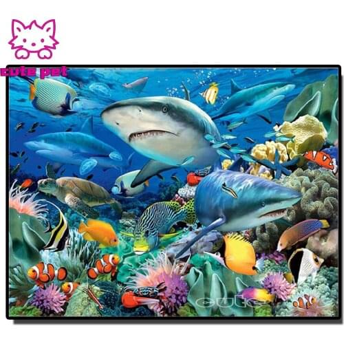 3D Full Resin Square Diamond Painting Underwater world shark Diamond embroidery fish 5D Mosaic Cross Stitch Home Decoration