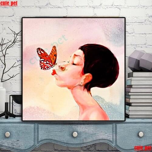 Diamond Art Embroidery Short hair girl and butterfly DIY Diamond Painting 5D rhinestone Cross Stitch Mosaic Decoration puzzle