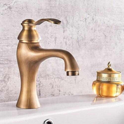 Antique Brass Bathroom Faucet Single Handle Basin Mixer Tap Deck Mount Cold And Hot Water Taps
