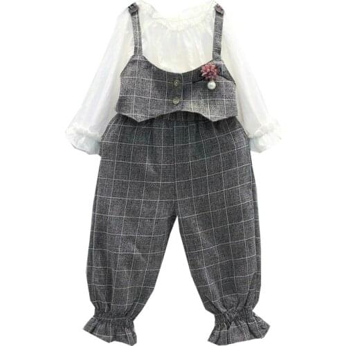 Childrens clothes 2019 autumn style infant baby kids clothing sets girls cotton t shirts and overall pants two pieces 3 to 7yrs