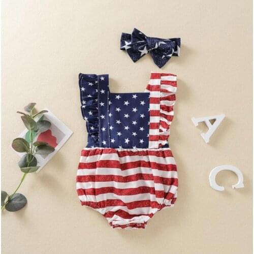Baby Romper with Headband Star Stripe Print Square-Neck Sleeveless Bodysuit Hairband Summer Baby Bodysuits Sunsuit