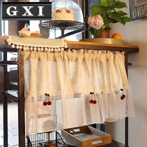 GXI Rod Pocket Cherry Lace Half Short Curtain for Living Room Divided Beige Linen Valance Kitchen Cabinet Cafe Drapes QT048-3