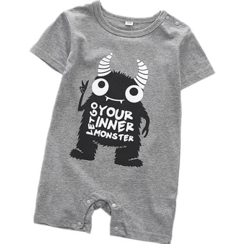 Baby Boys Cotton Rompers Short Sleeve Shortalls Jumpsuit Grey Color Little Monsters Funny Clothing Little Boy Outfits