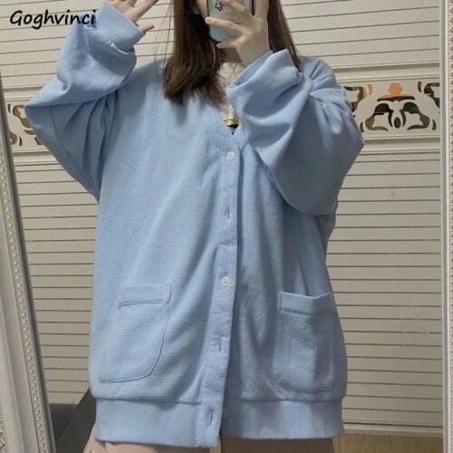 Blue No Hat Hoodies Women Solid Oversize Fresh Leisure Soft Teenagers Boyfriend Zip-up Outwear Sweatshirts Females Daily Popular