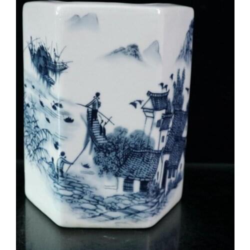 China Blue and white ceramic scenery Pen holder crafts statue