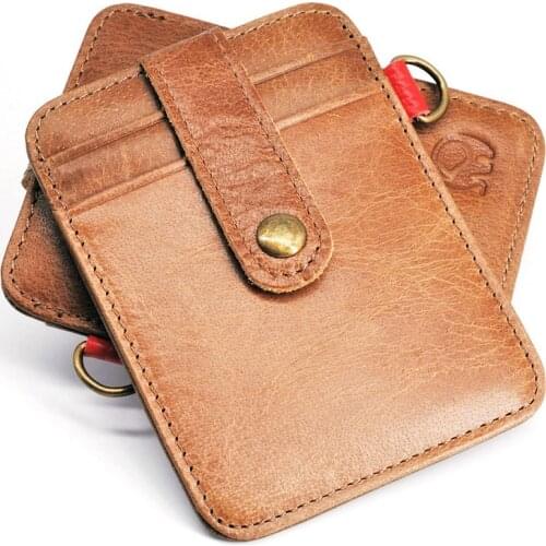 Wholesale 100% Real Leather Lanyard Card Holder Wallet Thin ID Pocket Credit Card Holder Slim Travel Men Cash Cards Pack Cheap