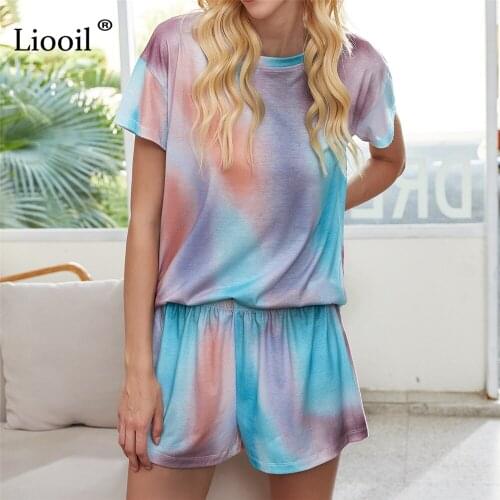 Liooil Tie Dye Two Pieces Print Set Women Tracksuit Loose T Shirt And Shorts Summer Streetwear Short Sleeve Casual Jogger Sets