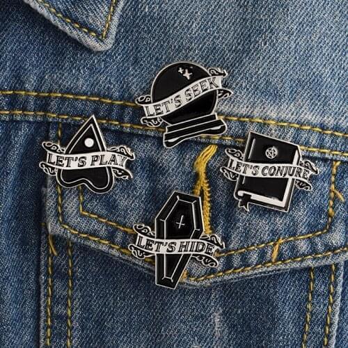 Bizarre Devil Ghost Simulated Enamel Metal Book of Crystal Ball Coffin Pentagram Magic Ball Shape Brooch Pin for Gift