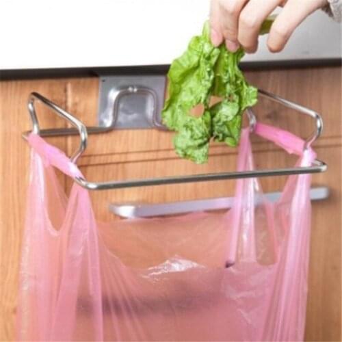 Stainless Steel Kitchen Trash Bag Holder Door Gook Garbage Bags Hanger Cupboard Stand Support Storage Rack Kitchen Accessories