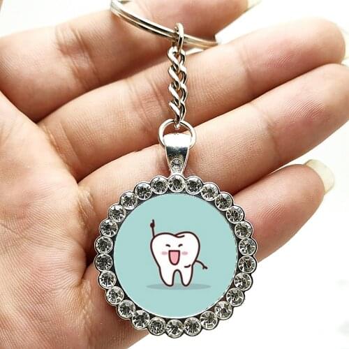 2020 New Personality Cute Protect Teeth Mood Pendant Keychain Glass Convex Round Key Chain Children Gift